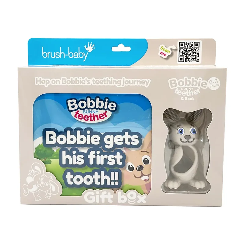 Bobbie Bunny Baby Teether Toy Cappuccino Grey + Book Gift Set | Teething Toy