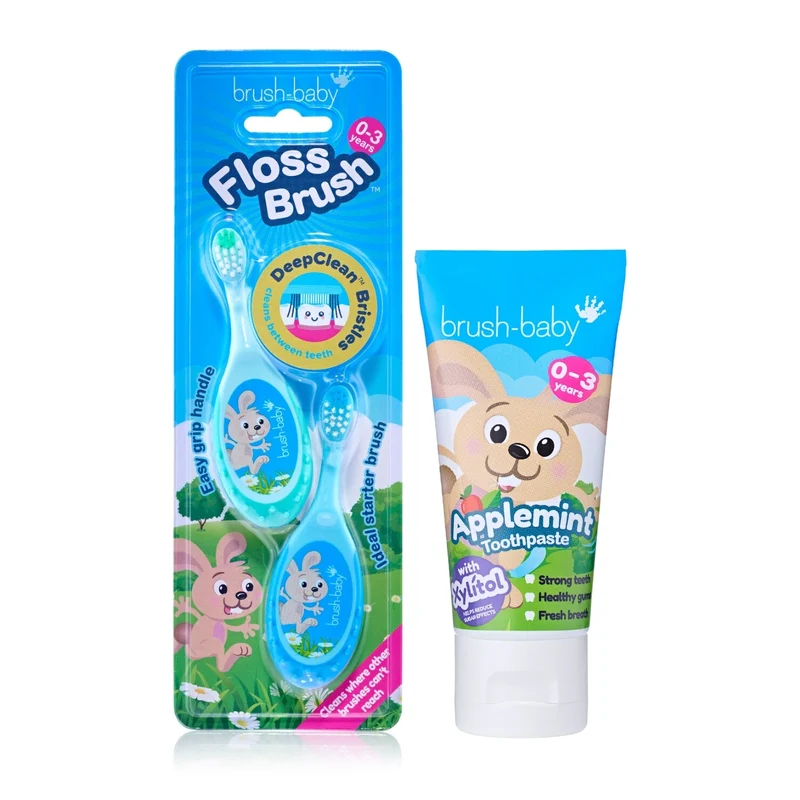 FlossBrush™ Baby Bristles Toothbrush (0-3 Years) Double Pack Blue & Teal With Applemint Baby Toothpaste