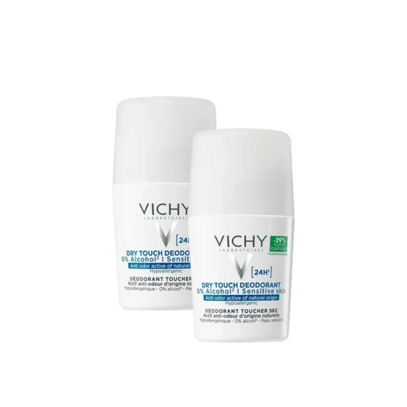 Vichy 24-Hour Dry Touch Roll-On Deodorant, 0% Alcohol, 50 ml, pack of 2