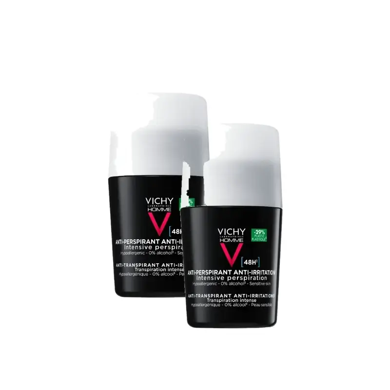 Vichy Homme 48-Hour Deodorant for Sensitive Skin, Roll-On, 50 ml, pack of 2
