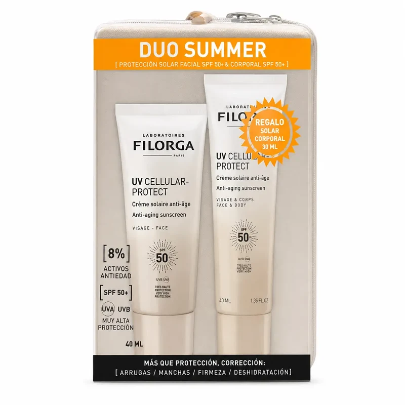 Filorga UV Cellular-Protect Face SPF 50+ and UV Cellular-Protect Face & Body 50 ml, plus a free toiletries bag