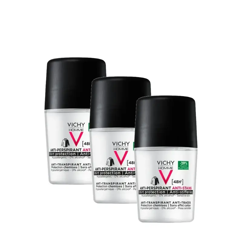 Vichy Homme 48-Hour Anti-Perspirant and Anti-Stain Roll-On Deodorant 50 ml, pack of 3