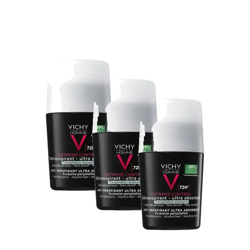 Vichy Homme Extreme Control 72-Hour Anti-Perspirant Deodorant Roll-On 50 ml, pack of 3