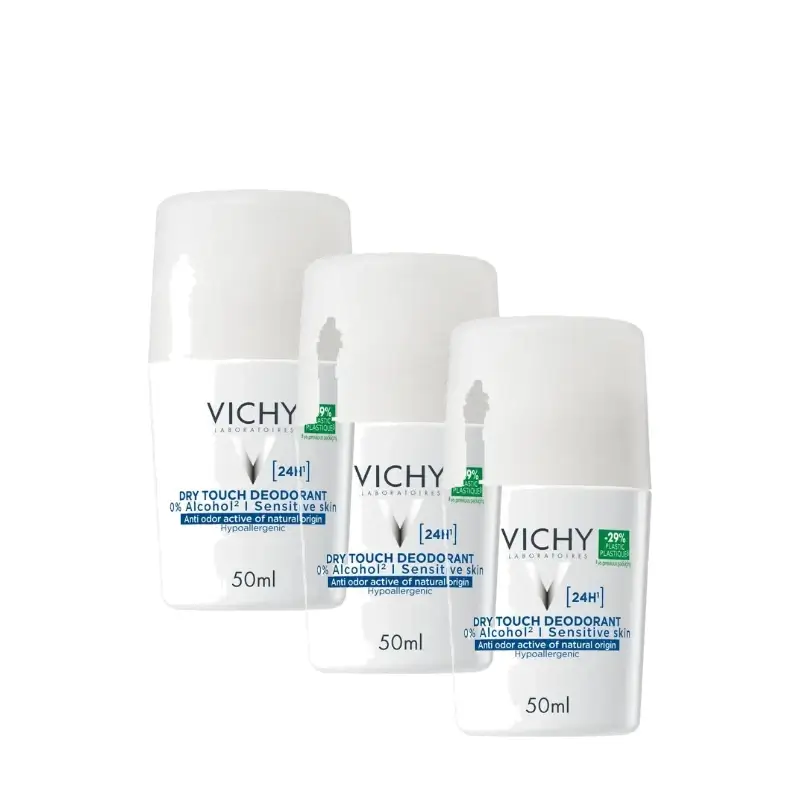 Vichy 24-Hour Dry-Feel Roll-On Deodorant, 0% Alcohol, 50 ml, pack of 3