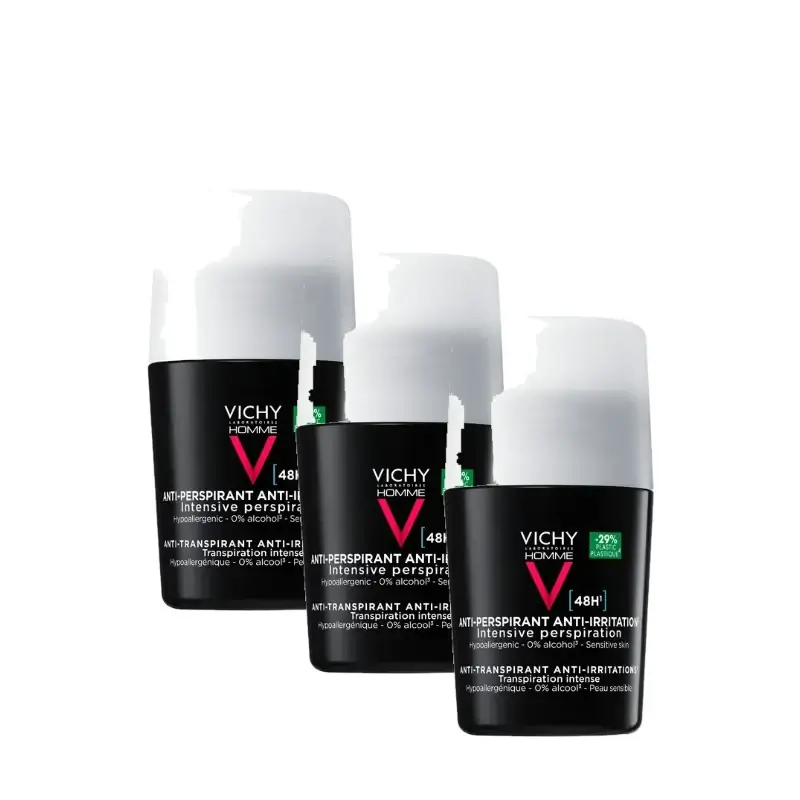 Vichy Homme 48-Hour Deodorant for Sensitive Skin, Roll-On, 50 ml, pack of 3