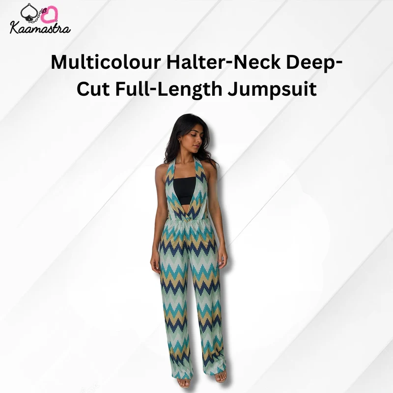 Kaamastra's Multicolour Halter-Neck Deep-Cut Full-Length Jumpsuit