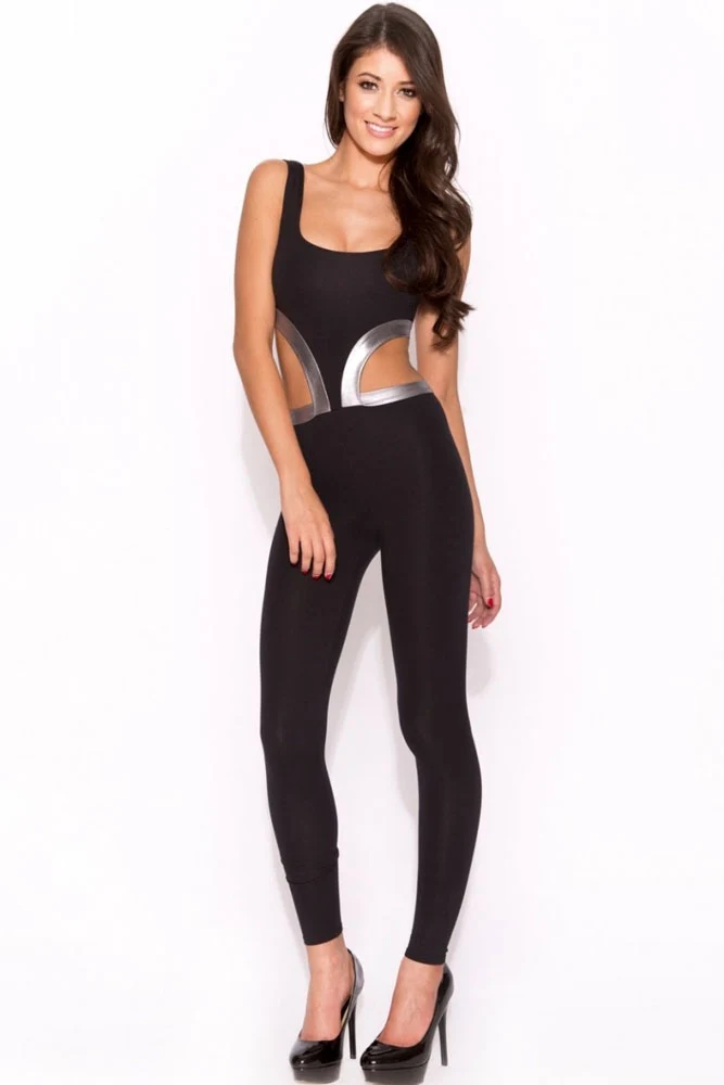 Kaamastra Black Cutout Jumpsuit with Silver Bandage Trim