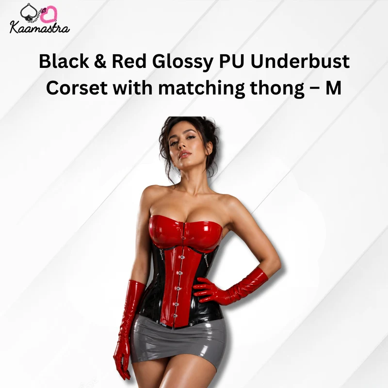 Kaamastra's Black & Red Glossy PU Underbust Corset With Matching Thong – M