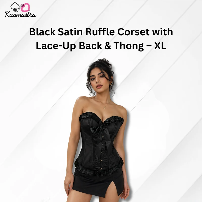 Kaamastra's Black Satin Ruffle Corset with Lace-Up Back & Thong – XL