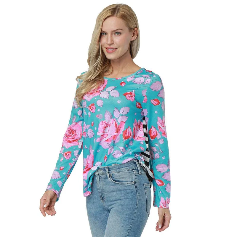 Kaamastra Blue Floral And Stripes Print Full Sleeve women's Top