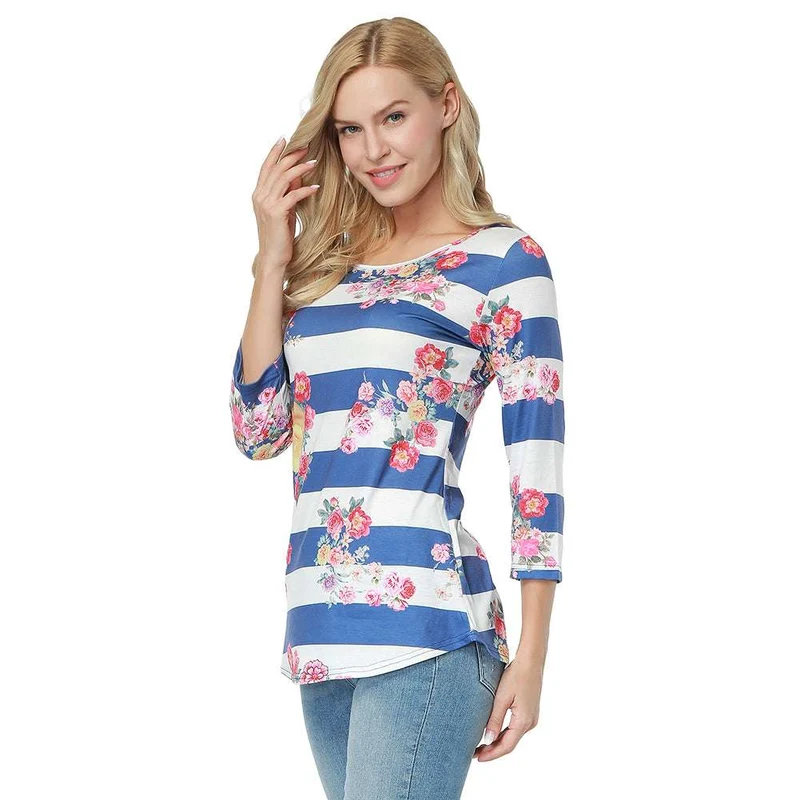 Kaamastra White & Blue Full Sleeve Striped Floral Printed Women Top