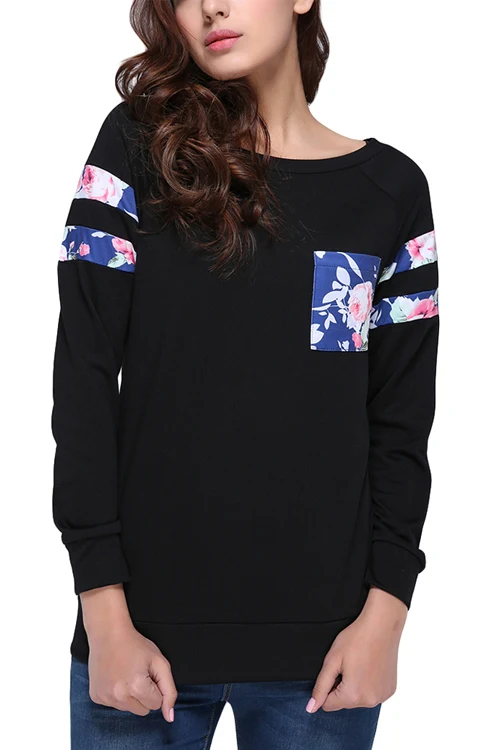 Kaamastra Black Full Sleeve Floral Patch T-shirt Top