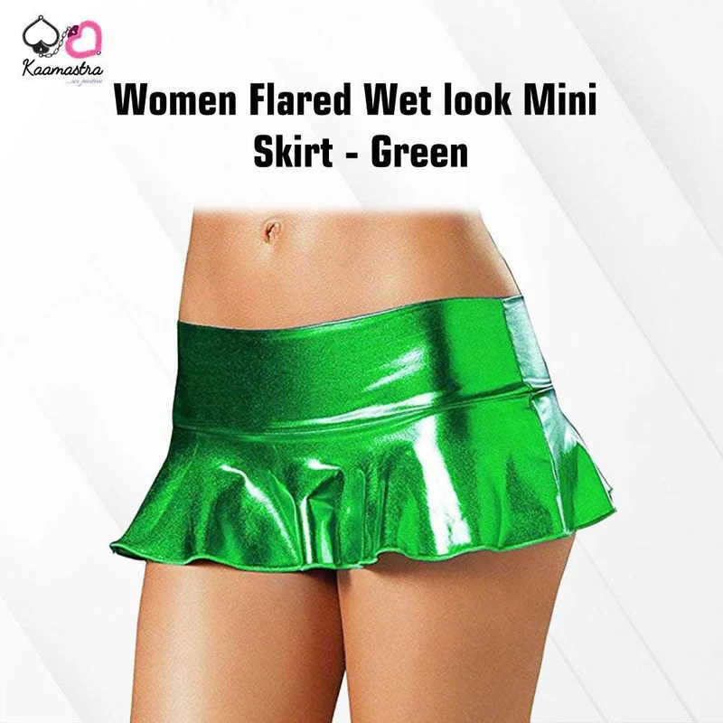 Kaamastra women Flared Wet look Mini Skirt - Green