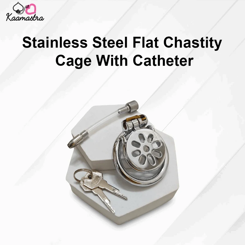 Kaamastra's Stainless Steel Flat Chastity Cage With Catheter
